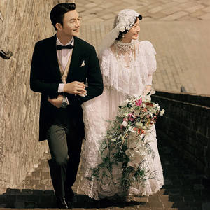 Robe longue en dentelle blanche 100 % coton, style république chinoise vintage, manches bouffantes, pour couple, mariage, voyage - Product Image 3