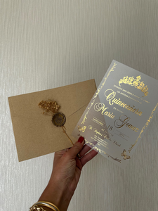 Ensemble d'invitation <span class=keywords><strong>de</strong></span> Quinceanera personnalisé élégant givré acrylique <span class=keywords><strong>fleurs</strong></span> sèches sceau <span class=keywords><strong>de</strong></span> cire <span class=keywords><strong>couronne</strong></span> motif enveloppes kraft Luxe feuille d'or - Product Image 3