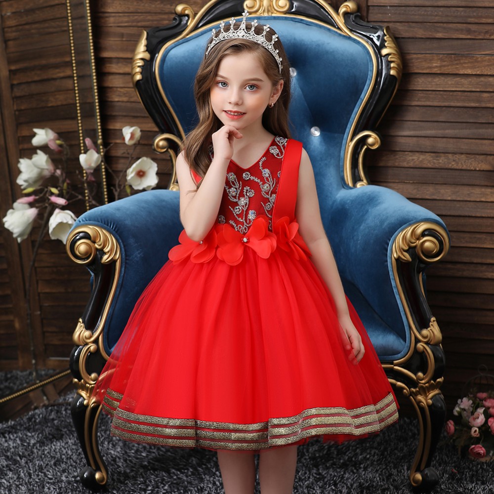 Детское вечернее платье принцессы в европейском стиле Яркое свадебное платье с цветочным узором для девочек 6 лет Пушистое красн