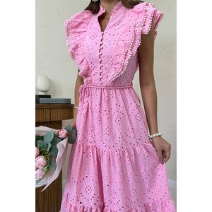 เดรสทรงเอไลน์สีชมพูแต่งระบาย เอวธรรมชาติ ผ้าทอระบายอากาศ ใส่สบายๆ ได้ทุกวัน - Product Image 2