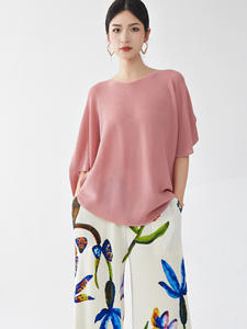 Nuevas Blusas de Moda Ecológicas con Pliegues Tejidos para Mujer de Talla Grande, Estilo Casual con Mangas de Murciélago, Cuello Redondo de Color Sólido - Product Image 5