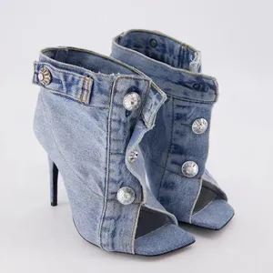 Individuelles Design Mode Knöchel hohe Absätze sexy Damen Peep Toe Denim Stiefel für Damen