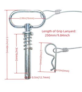 Goupille de sécurité à dégagement rapide en acier galvanisé 1/2 x 4 avec cordon à ressort et clip en R pour ATV, UTV, ferme, <span class=keywords><strong>camping</strong></span>-<span class=keywords><strong>car</strong></span>, bateau, <span class=keywords><strong>remorque</strong></span>, remorquage - Product Image 3