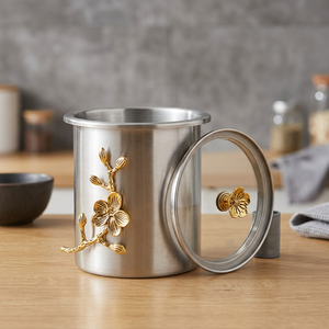 Round Metal Food Container <b>With</b> <b>Lid</b> Oriental Floral Engraving Storage <b>Bin</b> - Product Image 1