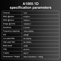 Amplificateur de voiture monocanal haute puissance AudioWinner A1000.1D avec DSP intégré, super compact, monobloc, amplificateur de basses, crossovers, égaliseurs