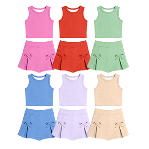 Ensemble 2 pièces personnalisé pour bébés filles, style décontracté, avec imprimé et nœuds, comprenant un haut sans manches, une jupe et un short avec doublure, respirant, pour le tennis et le cheerleading, vêtements pour enfants - Product Image 1