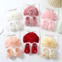 Conjunto de gorro elástico floral de algodón y poliéster transpirable unisex para bebé con calcetines con puntos adhesivos y diadema para recién nacido, calcetines de verano para el hogar