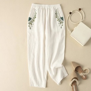 Cotton Linen Embroidered Harem Pants Elastic Waist Loose Fit Casual Cropped Pants With Pockets Breathable Women's Pants - Product Image 3
