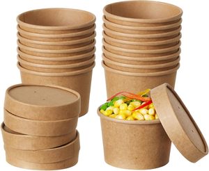 Gobelets à soupe en papier brun jetables, compostables, écologiques, à paroi simple, de qualité alimentaire, enduits, imperméables, avec couvercle - Product Image 1