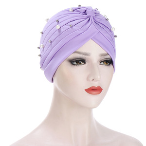 2023 nouvelle mode couleur unie plissé perle perle musulman Turban écharpe femmes pull bandeau chapeau - Product Image 2