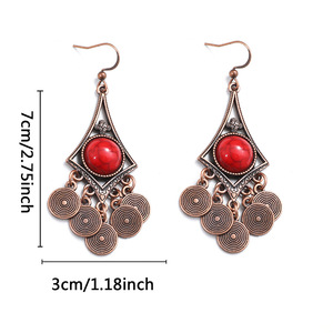 Bohemian Copper Alloy Drop <b>Earrings</b> Geometric <b>Red</b> Stone Bezel Setting Women's Fashion Dangle <b>Earrings</b> - Product Image 5