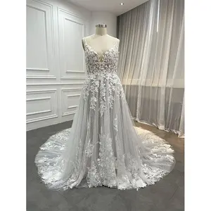 Robe De mariée en dentelle perlée pour femmes, grande taille, avec appliques en cristal, col en V, avec voile