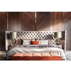 โรงแรมหรูเตียงพื้นหลังตกแต่ง Marquetry Art ไม้และโลหะ Inlay 3d Wall Panel