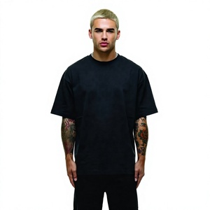 T-shirt en coton noir surdimensionné pour homme, manches courtes, col rond, jersey uni décontracté - Product Image 1