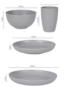 Vente en gros de 16 pièces de vaisselle en plastique gris foncé réutilisable, bols, tasses, vaisselle en paille de blé, service pour 4 - Product Image 4