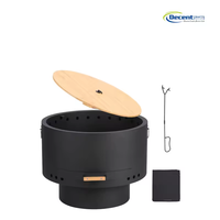Brasero portable sans fumée à deux niveaux noir mat avec couvercle en bois, poignée annulaire et poignée en bois, couvercle de type poker, en fer