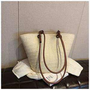 กระเป๋าฟางมีหูจับเดี่ยวสำหรับผู้หญิงแฟชั่นฤดูใบไม้ร่วงกระเป๋าสะพายข้างติดหนังแท้ลายลูกกวาดประดับเพชรมีซิป - Product Image 4