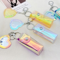 Étui à rouge à lèvres mini en cuir laser, porte-clés, sac de rangement en forme de cœur de dessin animé avec miroir, accessoire portable à suspendre