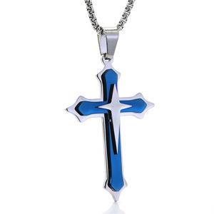 yunnique <b>Cross</b> Pendant Necklace Stainless Steel Blue Inlay Unisex Gift Jewelry - Product Image 1
