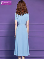 Robe chemise plissée mi-longue bleue style français vintage à manches courtes pour femme FMY71282