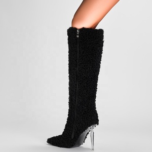 Crystal Heels Women Fur Knee High Boots Pointy Toe Side Zipper Long Booties Wide Feet Size 46 Winter <b>Shoes</b> - Product Image 4