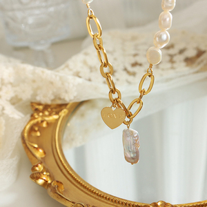 Collana con Perle Barocche Irregolari Naturali d'Acqua Dolce a Forma di <span class=keywords><strong>Cuore</strong></span>, Placcata in Oro 18K, in Acciaio Inossidabile, per Ragazze, Autunno-Inverno 2023 - Product Image 2
