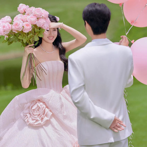 Pink Strapless Ball Gown Wedding Dress Tulle Natural Waistline For Studio Photography - Product Image 4