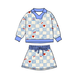 GLD1539ชุดเดรสแขนยาวสำหรับเด็กผู้หญิงชุดพิมพ์ลายหัวใจสีฟ้าลายสก็อตสีขาวลายหัวใจเชอรี่ - Product Image 1