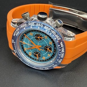39mm Acrylic <b>Men</b> Chronograph Watch Blue Dial Orange Rubber Strap With VK63 Movement - Product Image 6