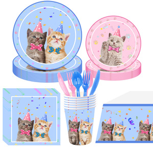 Vaisselle jetable thème chat, lot <span class=keywords><strong>de</strong></span> vaisselle jetable, pour fête d'<span class=keywords><strong>anniversaire</strong></span> - Product Image 1