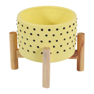 Maceta de cerámica sobre soporte de madera, amarilla con puntos negros, para orquídeas y plantas de interior y exterior. - Product Image 6
