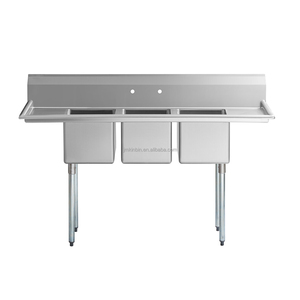 Commercial 3 Compartment Stainless Steel Sink, SS304 Dishwashing Prep Sink with Backsplash and Galvanized Support Legs - Product Image 1