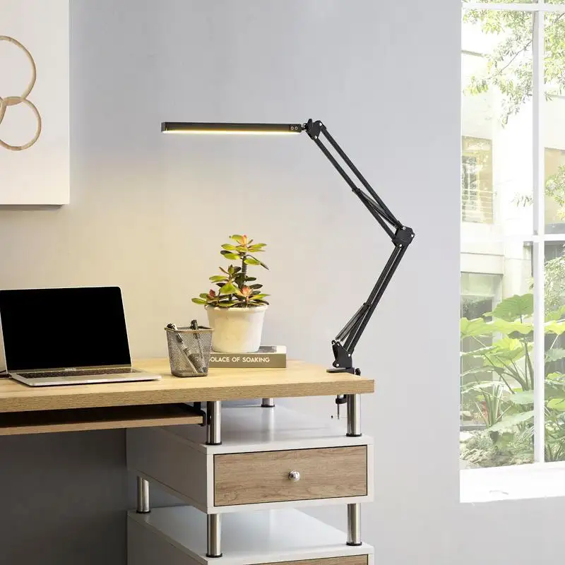 Lampe de bureau pliante à LED en métal à pince pour lampe de table à gradation à bras long 3 couleurs pour la lecture dans le salon et les ordinateurs