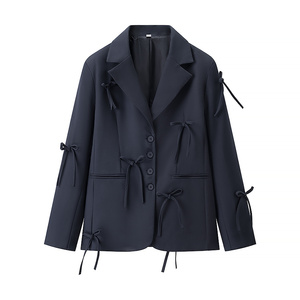 Women's Navy Bowknot <b>Blazer</b> Jacket Solid Color Single Breasted Woven Suit Casual Office Wear - Product Image 1