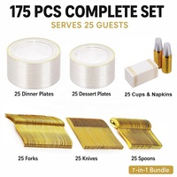 Ensemble de vaisselle jetable pour 25 invités, 175 pièces, ensemble de couverts en plastique avec assiettes, gobelets, fourchettes, serviettes pour les fêtes de mariage