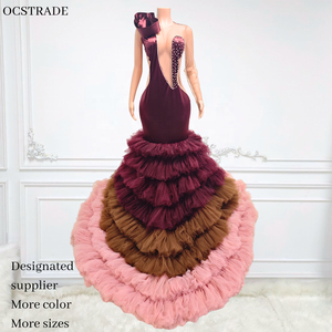 Ocstrade tùy chỉnh pha lê Sheer Tay Áo Burgundy Ruffle Tulle Train thanh lịch cộng với kích thước váy cưới bóng áo choàng cho phụ nữ cô dâu - Product Image 3