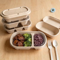 Conteneur alimentaire étanche à 2 compartiments en bagasse de canne à sucre, compostable, biodégradable, avec laminage mat