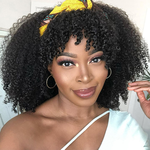 Perruque bandeau <span class=keywords><strong>cheveux</strong></span> naturels brésilien avec frange, <span class=keywords><strong>cheveux</strong></span> humains crépus bouclés, coupe <span class=keywords><strong>Afro</strong></span>, mi-longue, avec écharpe, densité 180 - Product Image 1