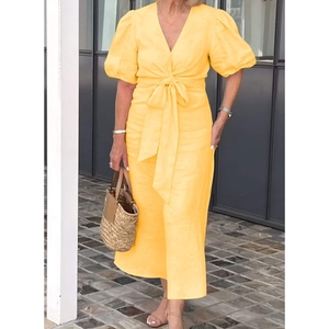 เดรสผ้าฝ้ายแขนพองผูกโบว์คอวีแฟชั่นใหม่สำหรับผู้หญิง - Product Image 4