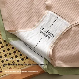 Culottes pour femmes grande taille, en coton pur respirant, antibactérien, à rayures, à découpe haute, en dentelle tricotée, teintes unies - Product Image 3