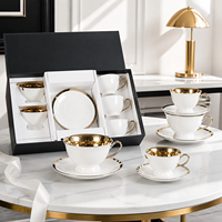 Set Cangkir Kopi Keramik LEXI Luxury Gold Rim dengan Piring, Cangkir Teh Porselen Putih untuk Teh Sore, Set Kotak Hadiah Pernikahan