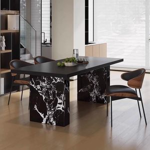 Juego de Mesa y Sillas de Comedor de Estilo Bauhaus Italiano, con Superficie de Roca Negra Pura, Duradero, Resistente a los Arañazos, de Gran Tamaño, Simple y Moderno - Product Image 2