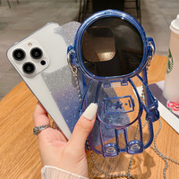 Casing ponsel gaya kartun astronot, casing ponsel penutup belakang TPU berkilau Lanyard selempang untuk iPhone 13 14 15 Pro Max