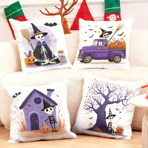 Halloween skeleton witch throw pillows decorate cozy living room sofa with festive pumpkins bats and purple truck design - Product Image 1