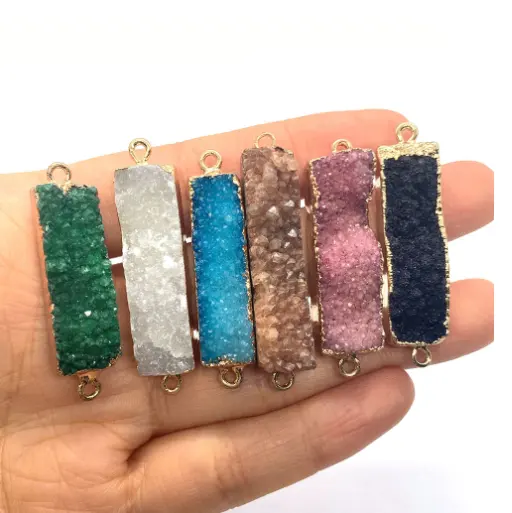 Liontin Batu Druzy Persegi Panjang Batu Kuarsa Alami Batang Liontin Jimat Konektor untuk DIY Kalung Gelang Membuat Perhiasan