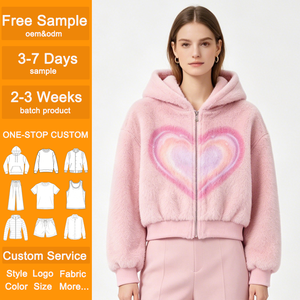 Women's Print Fuzzy Hoodies Wholesale Custom ODM Zip up Cropped Fleece Casual <strong>Hoodie</strong> Jackets - Product Image 1