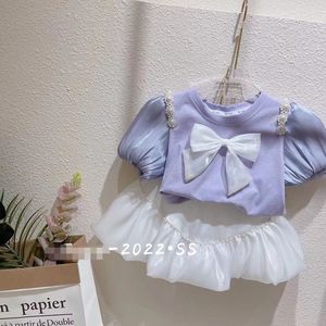 Conjunto de Dos Piezas de Verano para Niñas, Dulce y Sólido, Falda de Gasa con Blusa y Pantalones, Adorno de Perlas y Mangas Cortas - Product Image 2