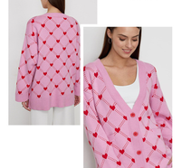 Cardigan élégant anti-rides en coton et polyamide pour jeunes femmes, rose, avec motifs cœurs mignons et poches