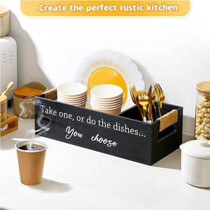 Boîte de rangement en bois avec compartiments pour assiettes, tasses, couverts, organisateur de bureau de cuisine, rectangulaire, noir - Product Image 4