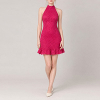 Robe mini en dentelle pour femme, style licou, sans manches, dos nu, ourlet à volants, pour soirée d'été